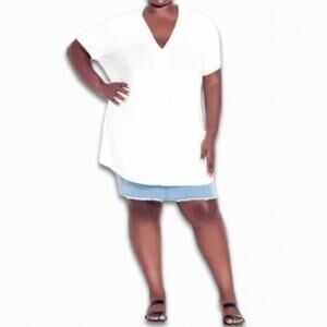 Avenue Short Sleeve Blouse Hi Low Split Back V-Neck Pleated Front White 16 NWT